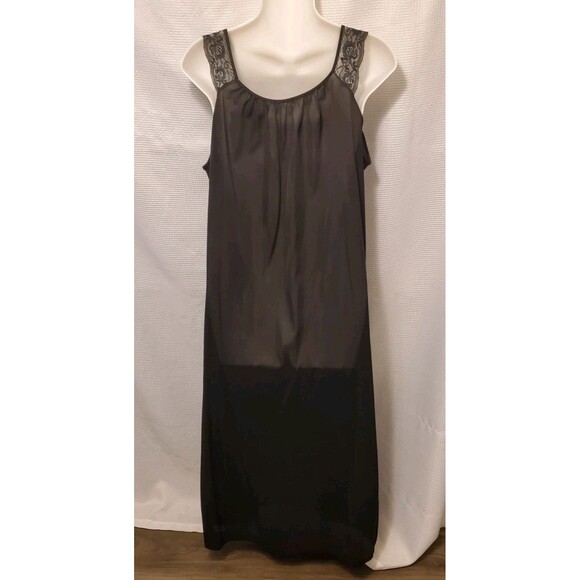Vintage Berkliff Womens Sz Large Silky Maxi Slip Dress Lace Shoulder - Picture 3 of 8